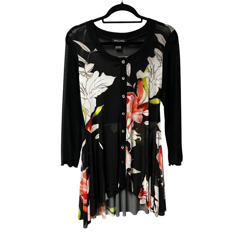 NWT Michael Tyler Black Multicolor Floral Print Button Front Top Womens Small